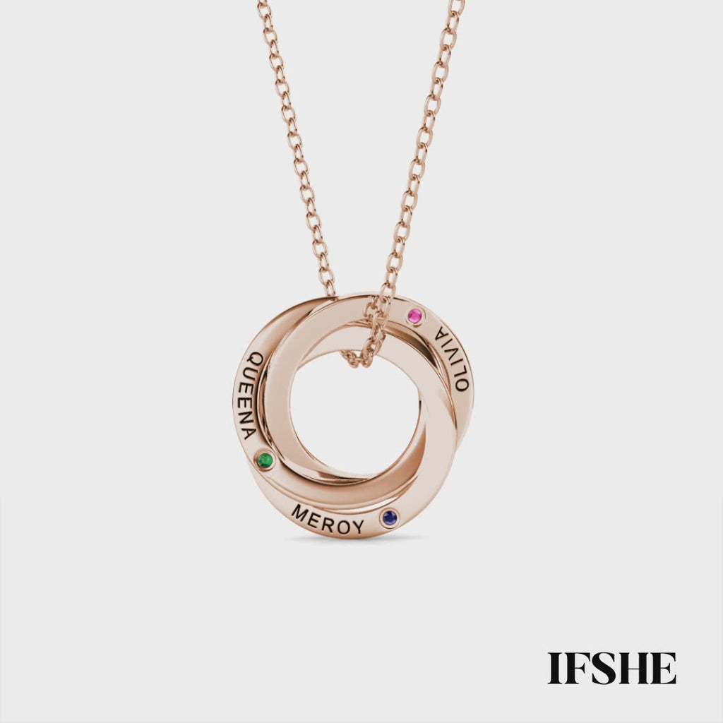 Personalised Russian 3 Ring Necklace with Names and Birthstones Rose Gold