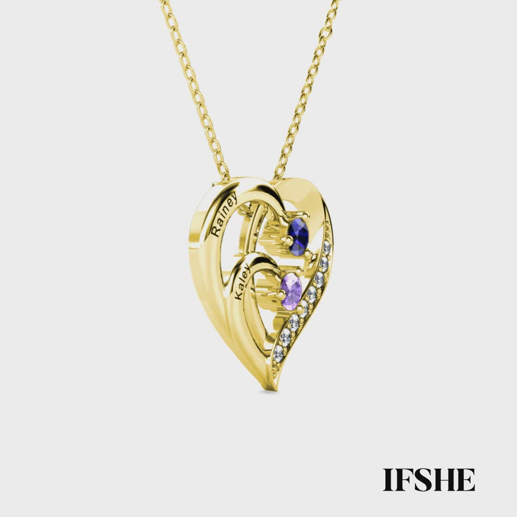 Personalised Heart Necklace with 2 Birthstones and 2 Engraved Names Gold