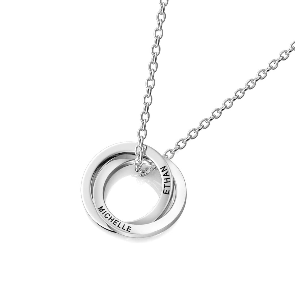 Personalised Russian 2 Ring Necklace with Engraved Names Sterling Silver