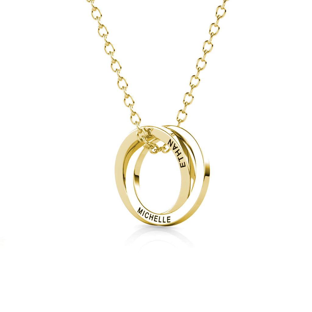 Personalised Russian 2 Ring Necklace with Engraved 2 Names Gold