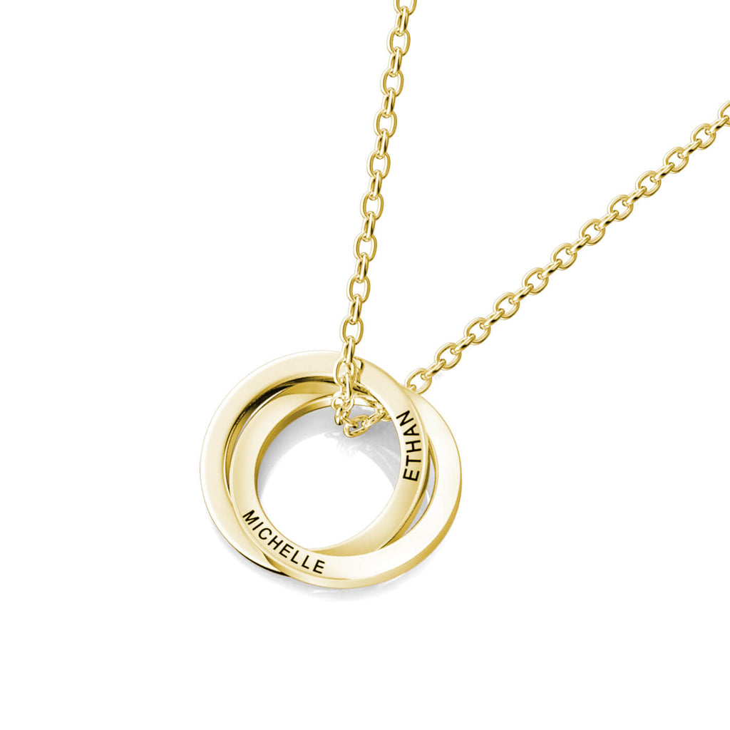 Personalised Russian 2 Ring Necklace with Engraved 2 Names Gold