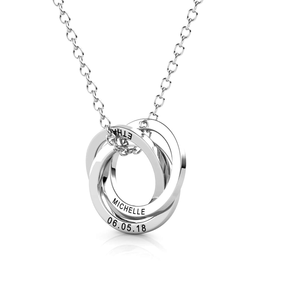 Personalised Russian 3 Ring Necklace with Engraved Names Sterling Silver