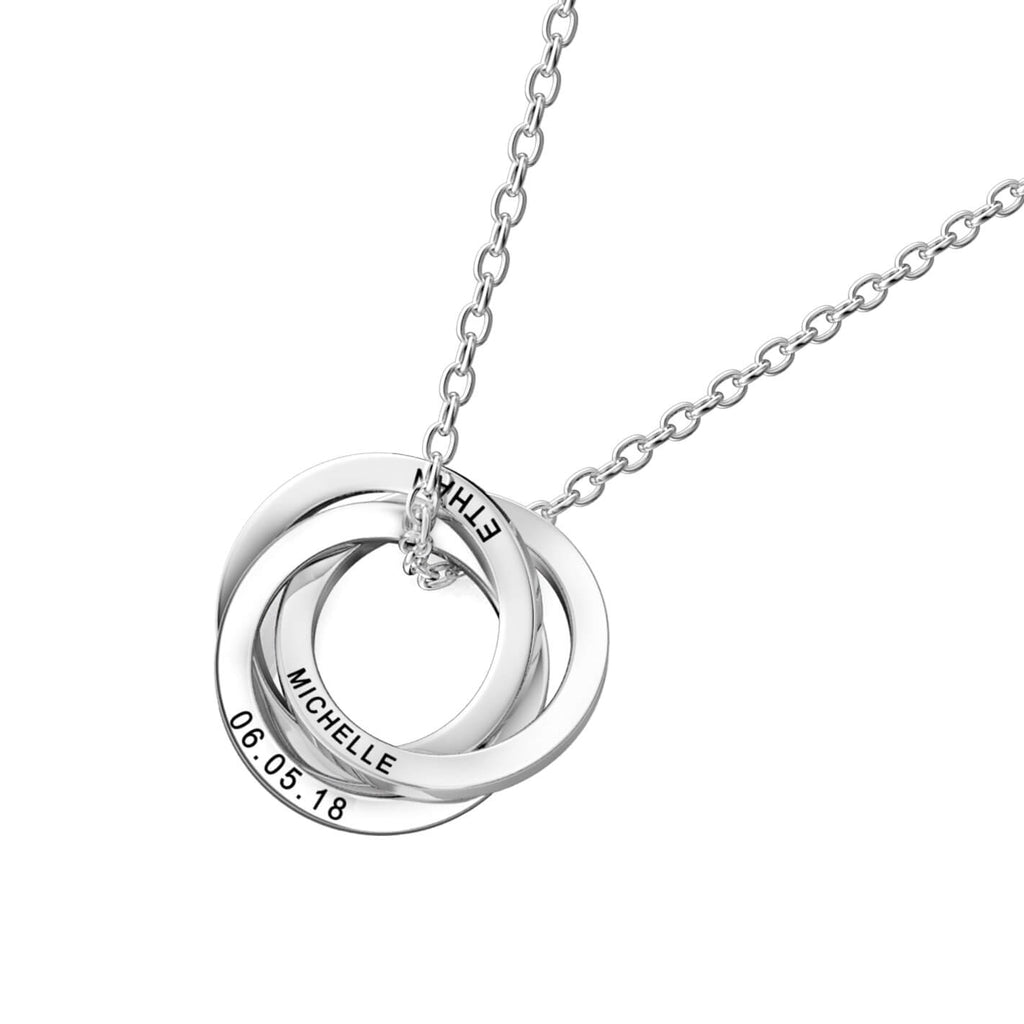 Personalised Russian 3 Ring Necklace with Engraved Names Sterling Silver