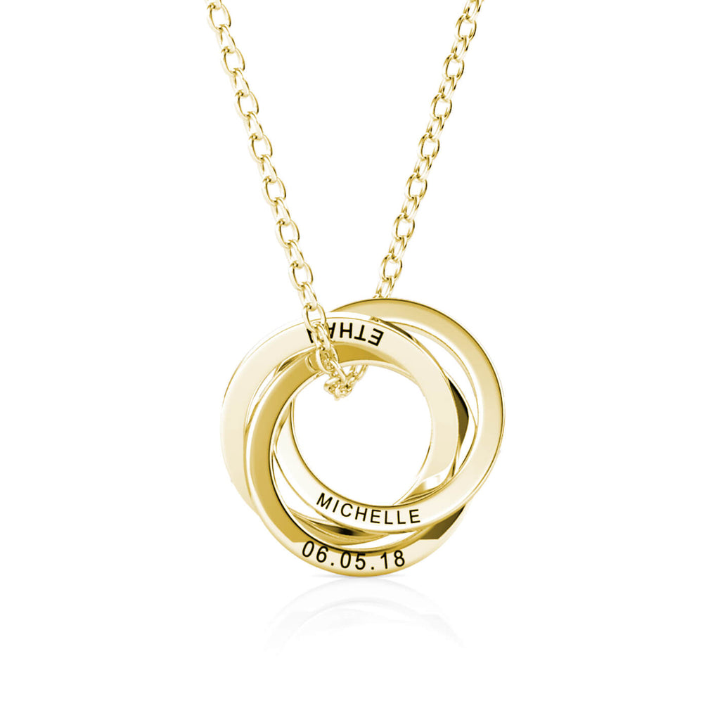 Personalised Russian 3 Ring Necklace with Engraved 3 Names Gold