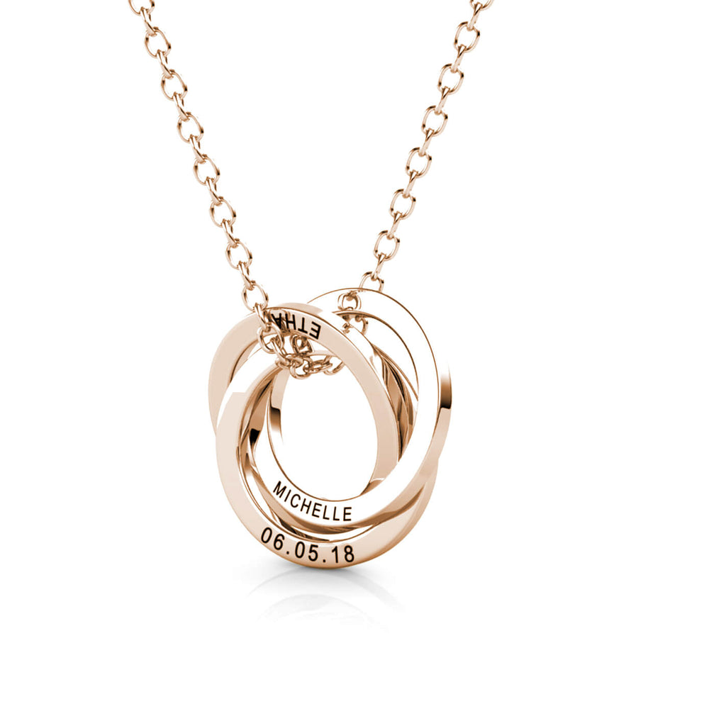 Personalised Russian 3 Ring Necklace with Engraved 3 Names Rose Gold