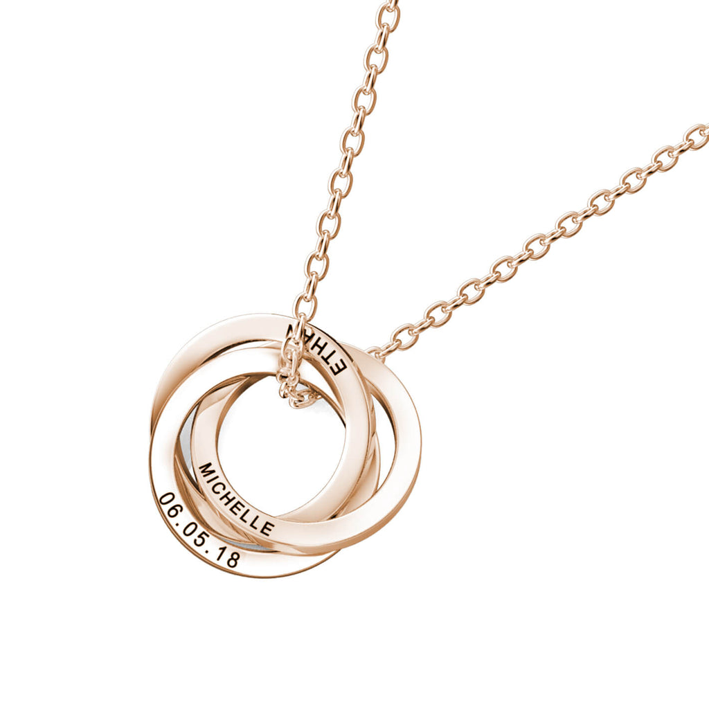 Personalised Russian 3 Ring Necklace with Engraved 3 Names Rose Gold