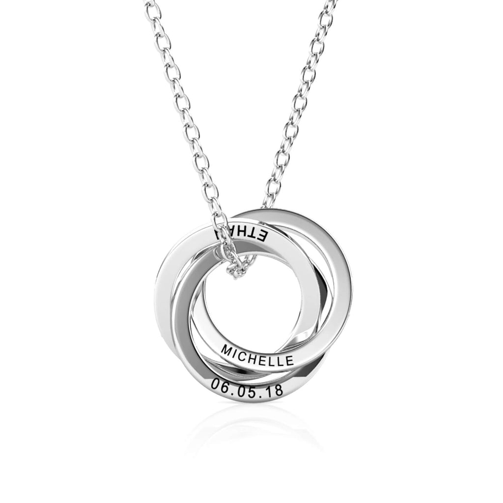 Personalised Russian 3 Ring Necklace with Engraved Names Sterling Silver