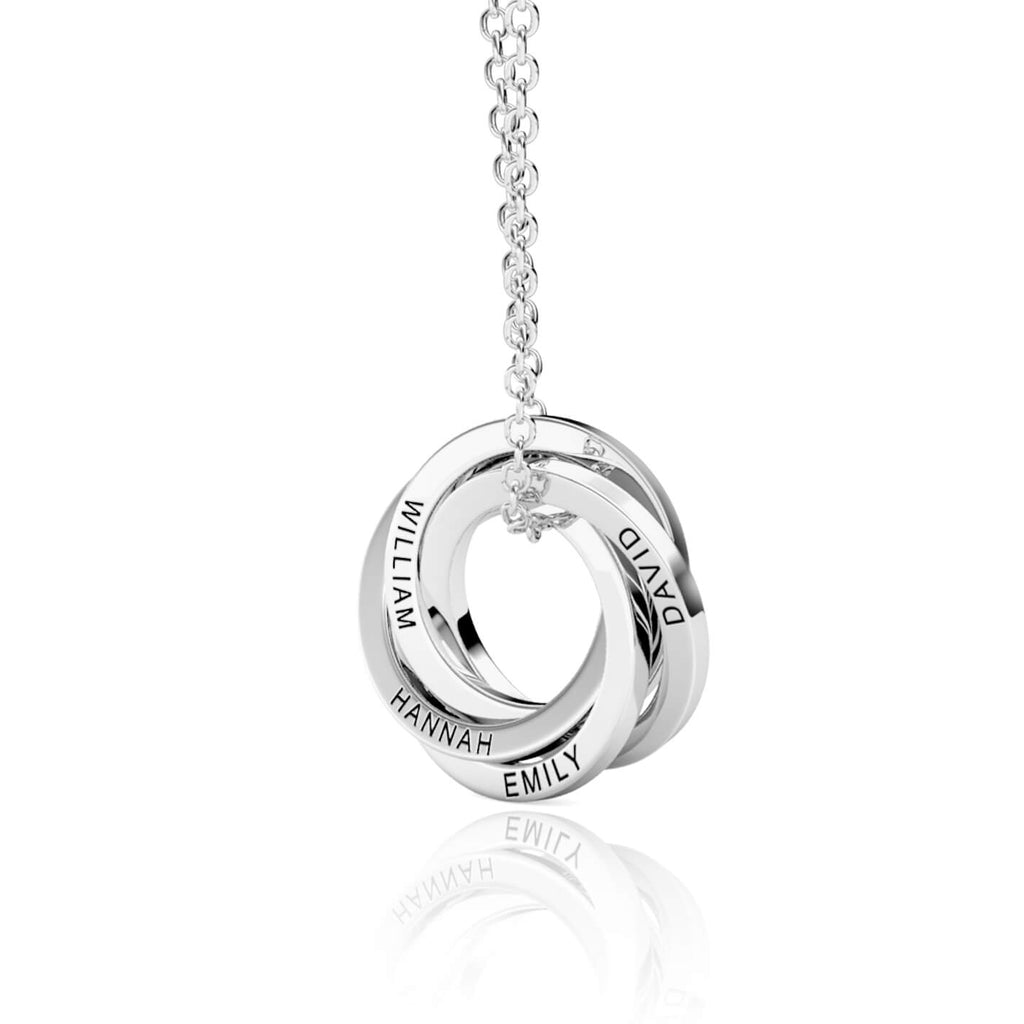 Personalised Russian 4 Ring Necklace with Engraved Names Sterling Silver