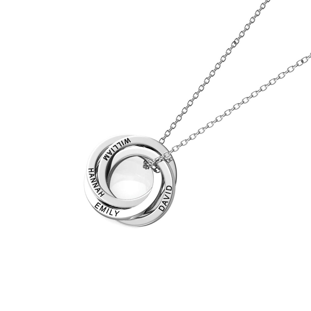 Personalised Russian 4 Ring Necklace with Engraved Names Sterling Silver