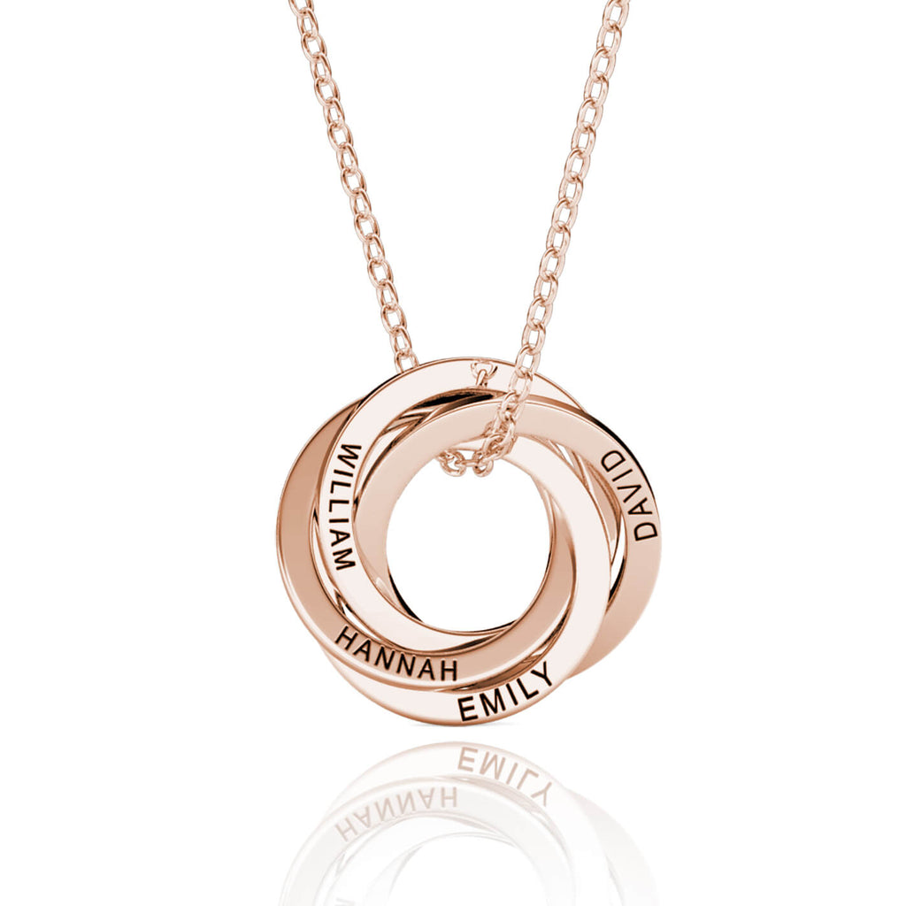 Personalised Russian 4 Ring Necklace with Engraved 4 Names Rose Gold