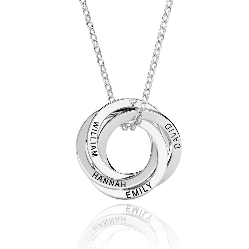 Personalised Russian 4 Ring Necklace with Engraved Names Sterling Silver