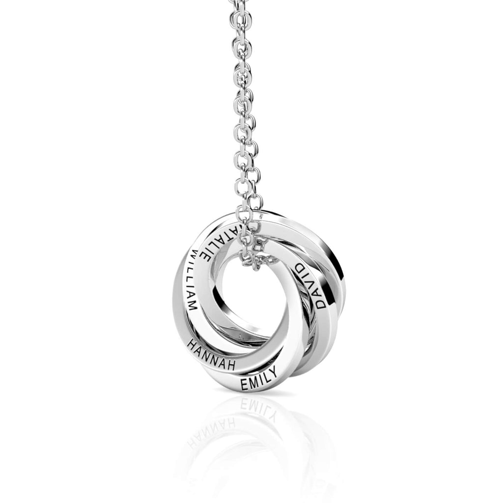 Personalised Russian 5 Ring Necklace with Engraved Names Sterling Silver