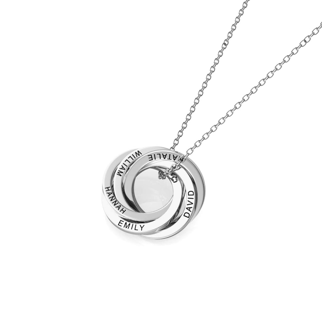 Personalised Russian 5 Ring Necklace with Engraved Names Sterling Silver