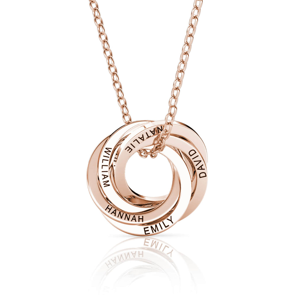 Personalised Russian 5 Ring Necklace with Engraved 5 Names Rose Gold