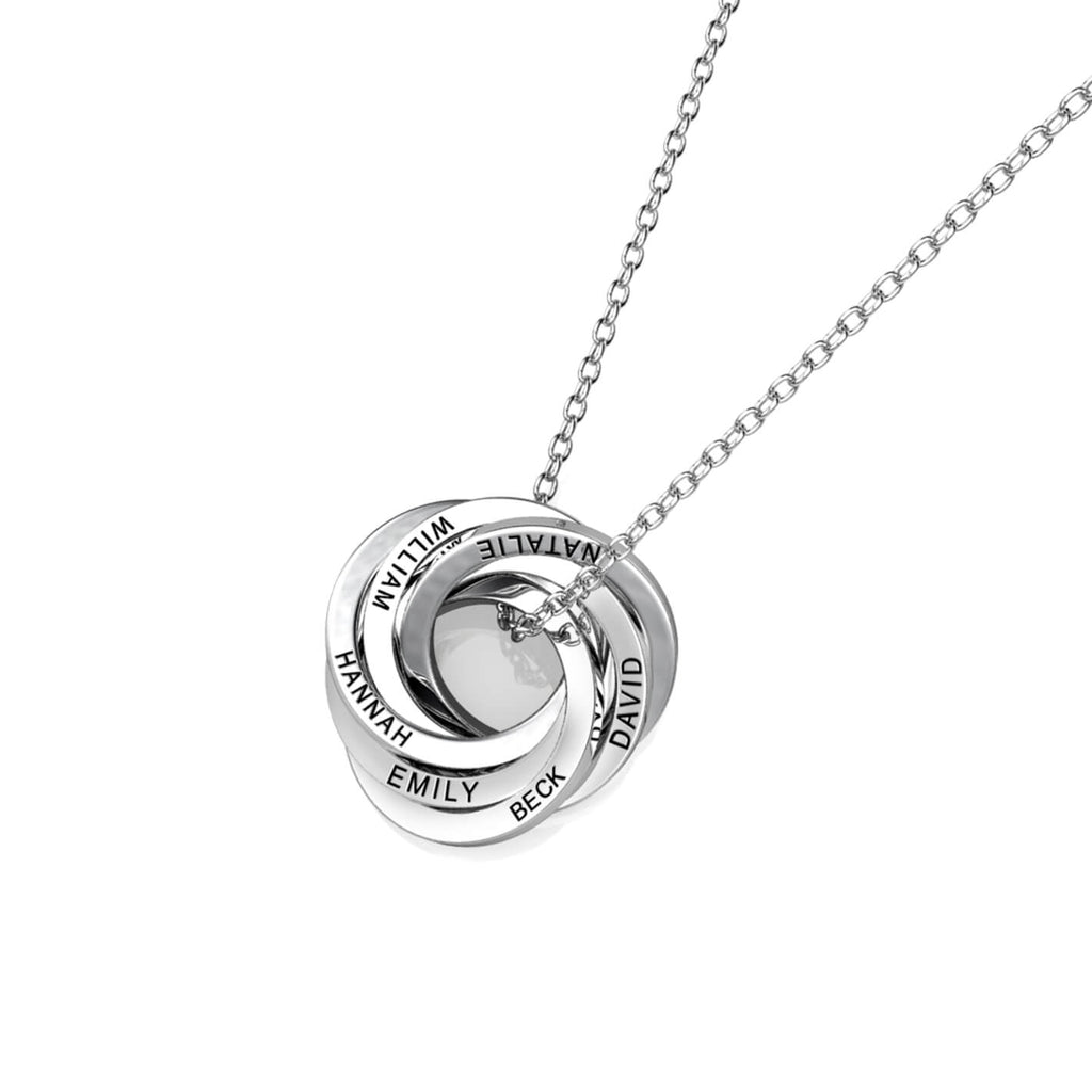 Personalised Russian 6 Ring Necklace with Engraved Names Sterling Silver