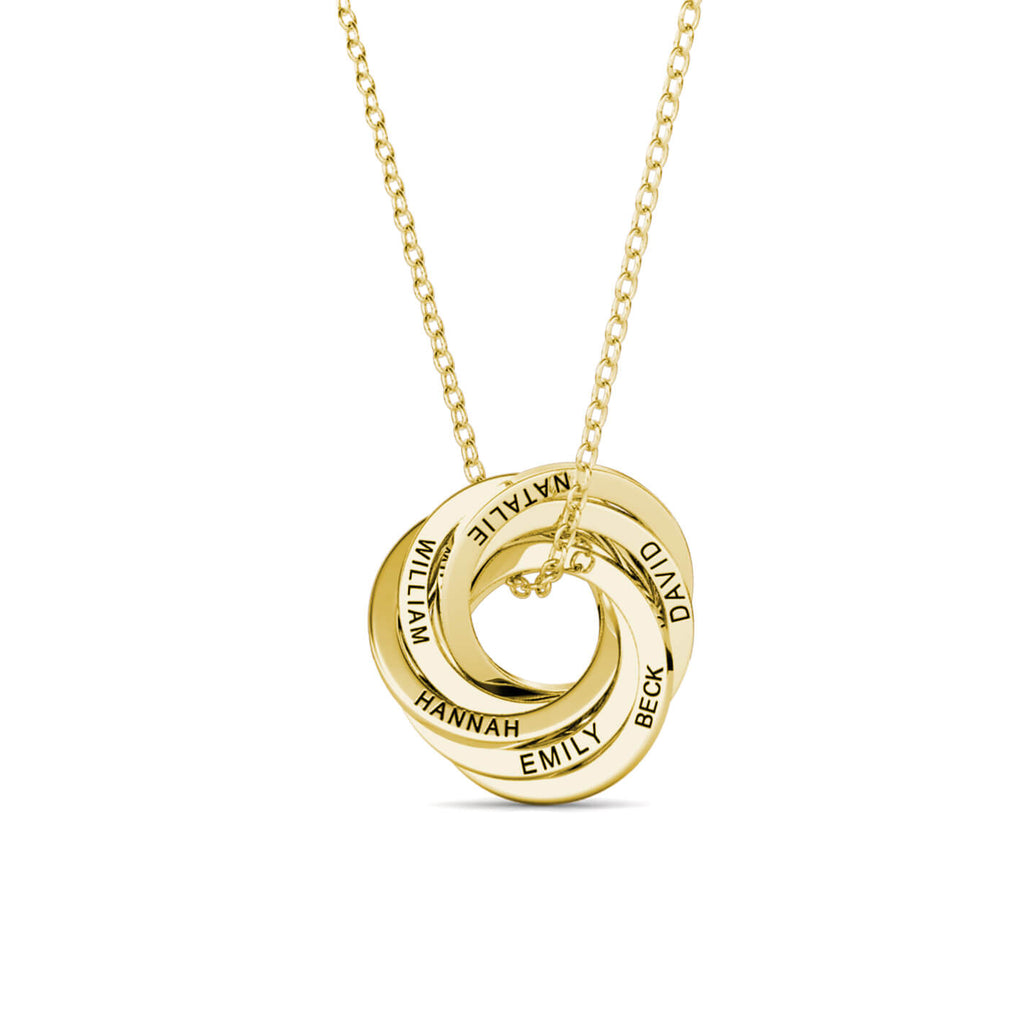 Personalised Russian 6 Ring Necklace with Engraved 6 Names Gold