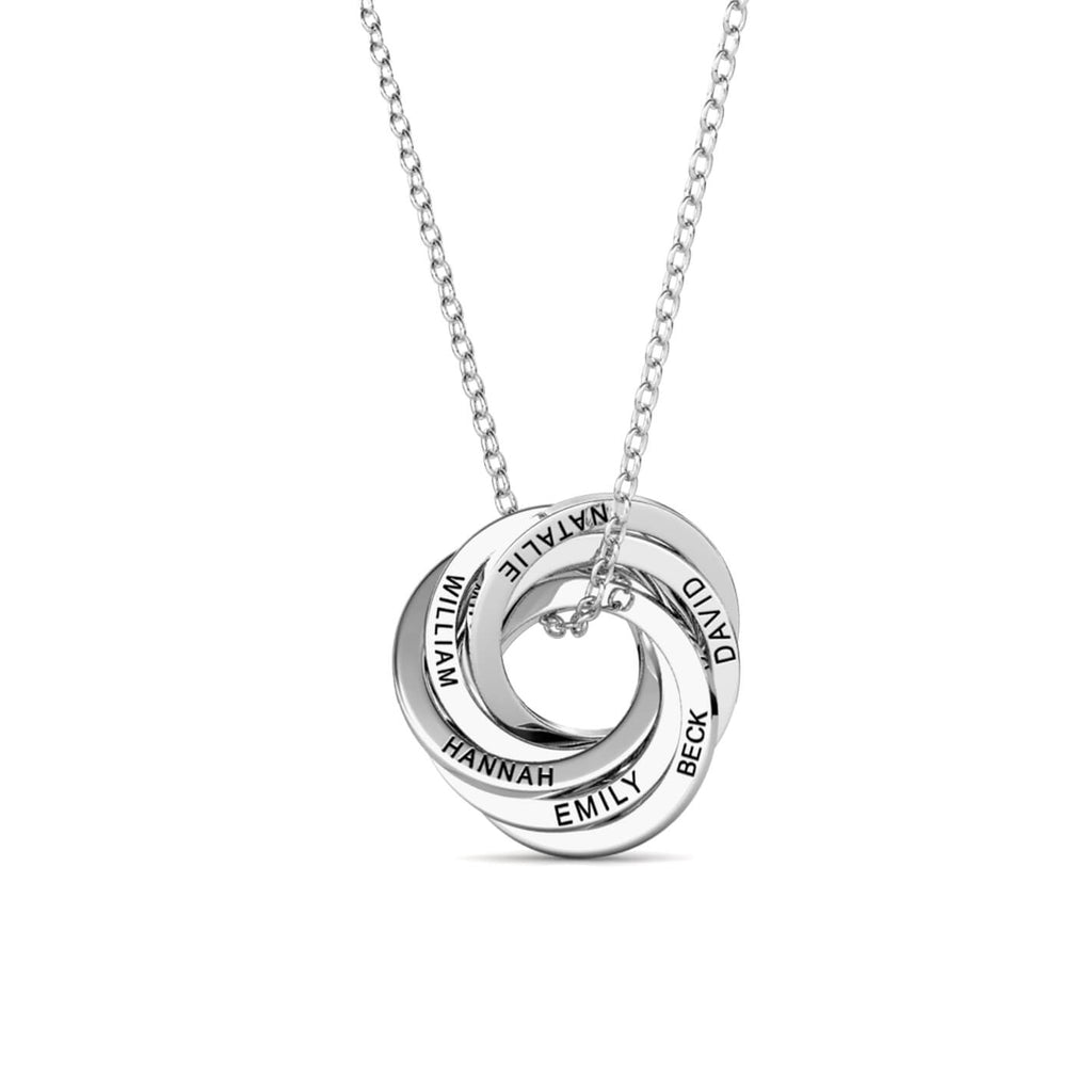 Personalised Russian 6 Ring Necklace with Engraved Names Sterling Silver