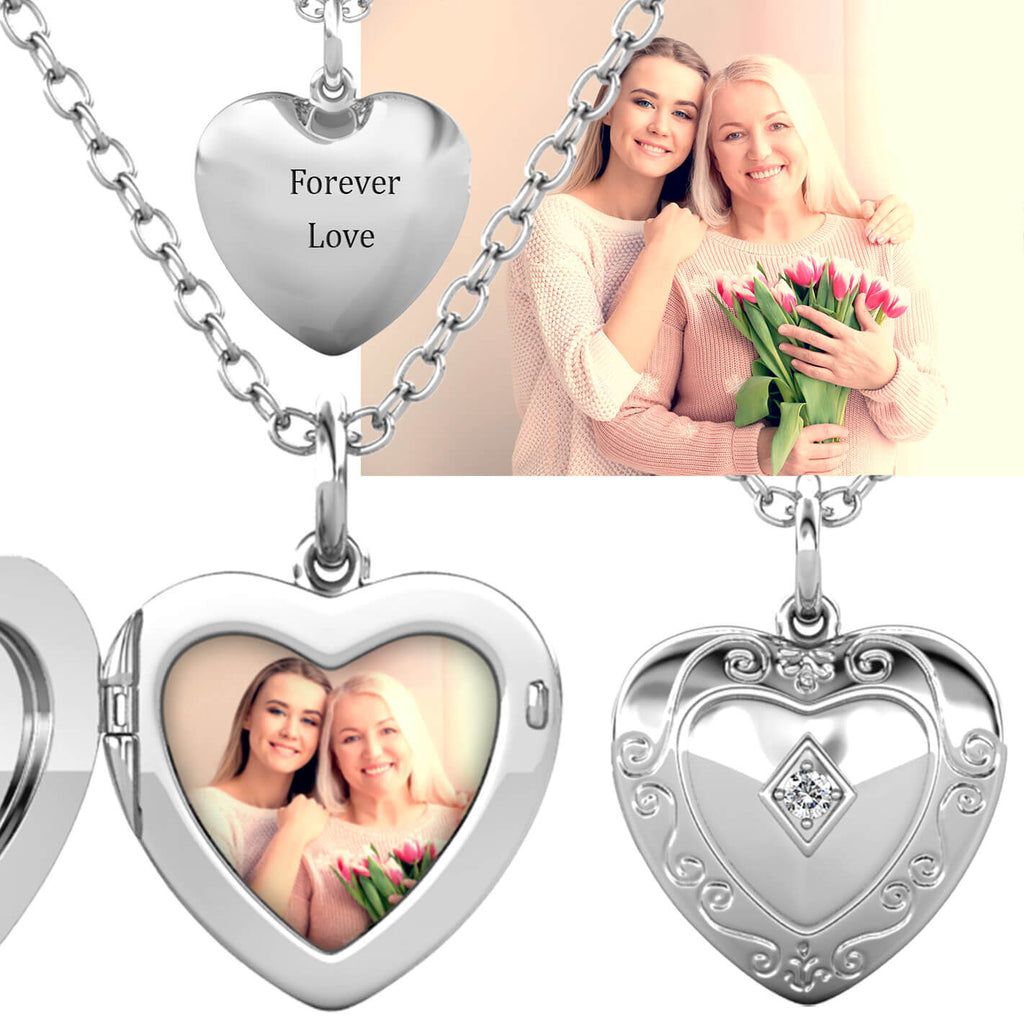 Personalised Photo Heart Locket Necklace with Birthstone Sterling Silver