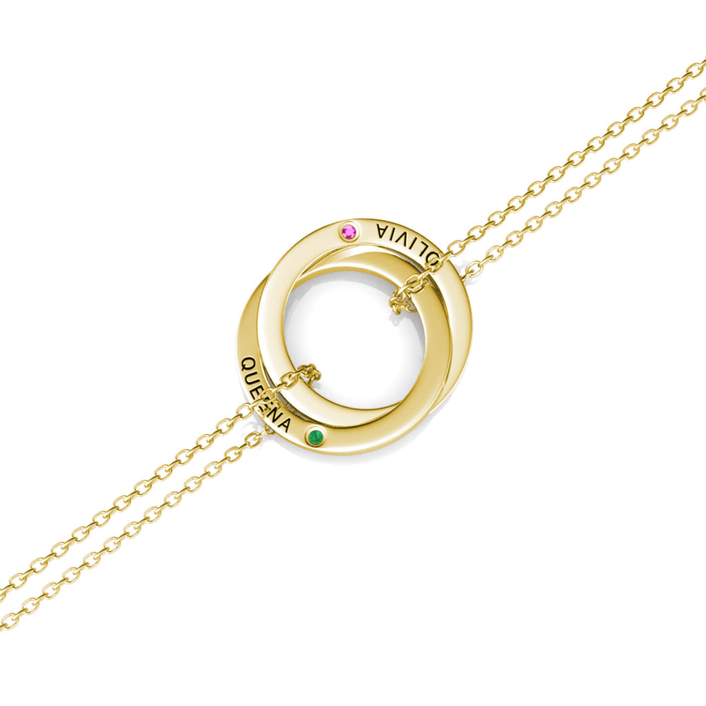 Personalised Engraved Russian 2 Ring Bracelet with 2 Birthstones Yellow Gold