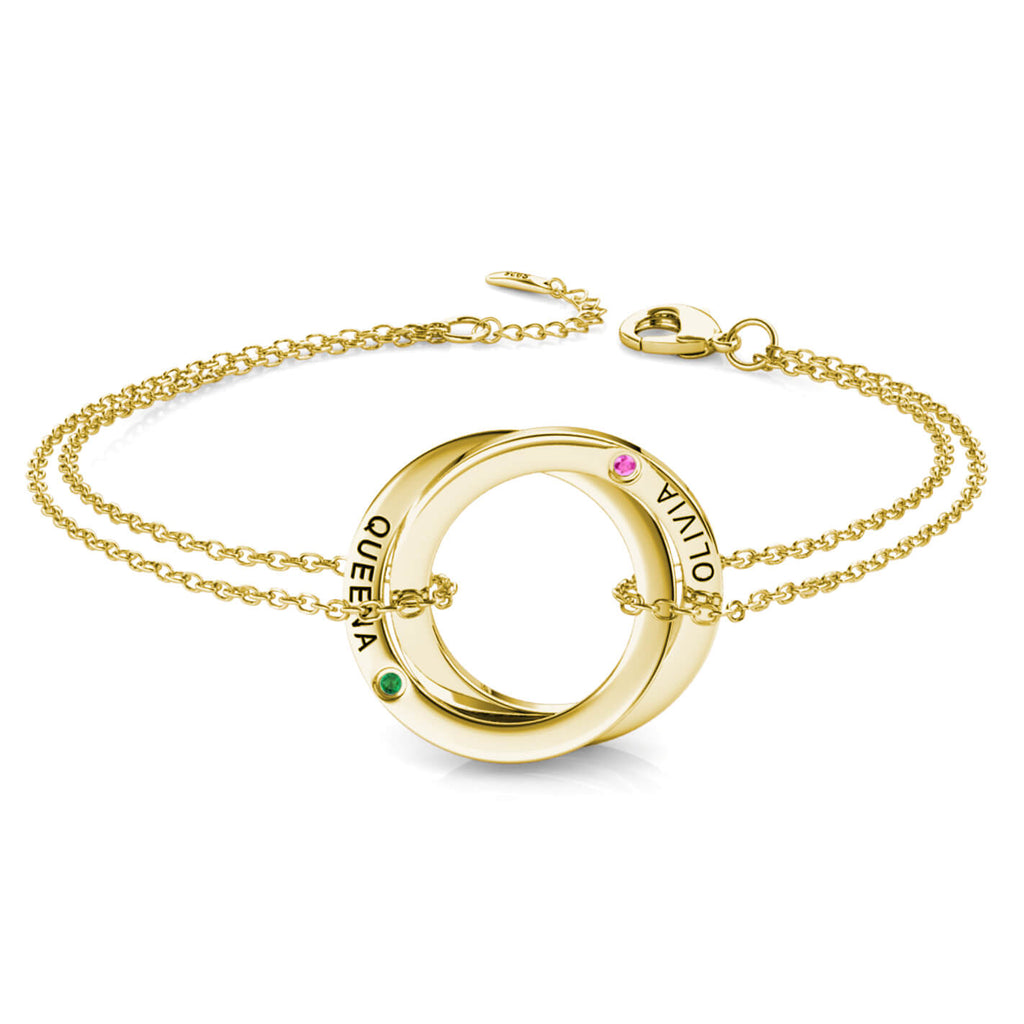Personalised Engraved Russian 2 Ring Bracelet with 2 Birthstones Yellow Gold