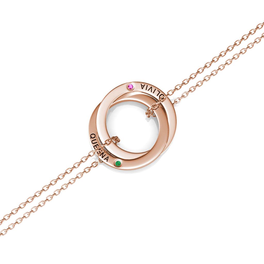 Personalised Engraved Russian 2 Ring Bracelet with 2 Birthstones Rose Gold