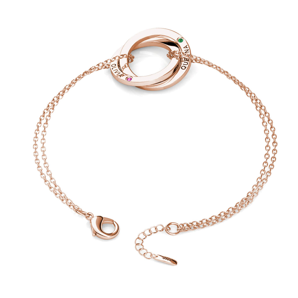 Personalised Engraved Russian 2 Ring Bracelet with 2 Birthstones Rose Gold