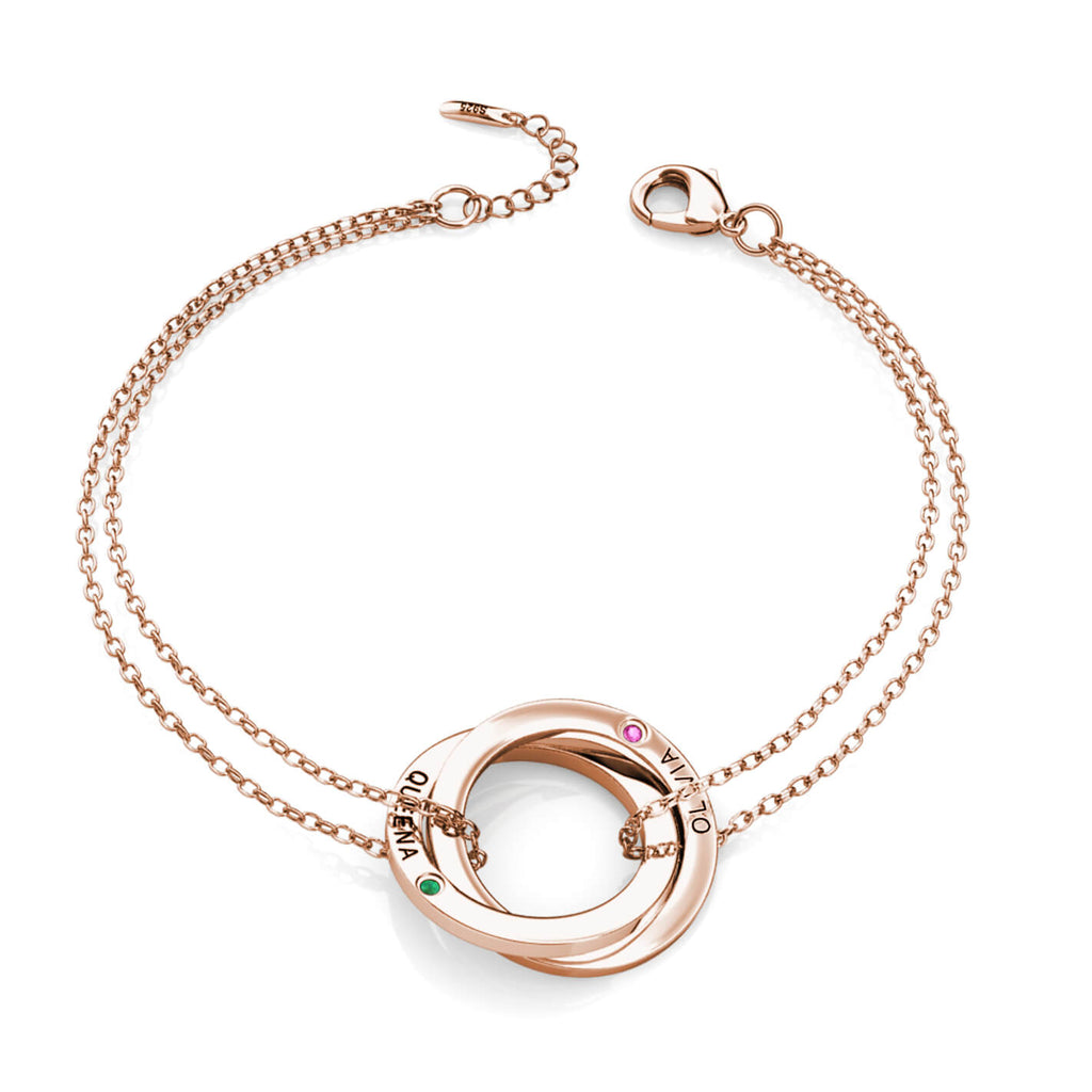 Personalised Engraved Russian 2 Ring Bracelet with 2 Birthstones Rose Gold