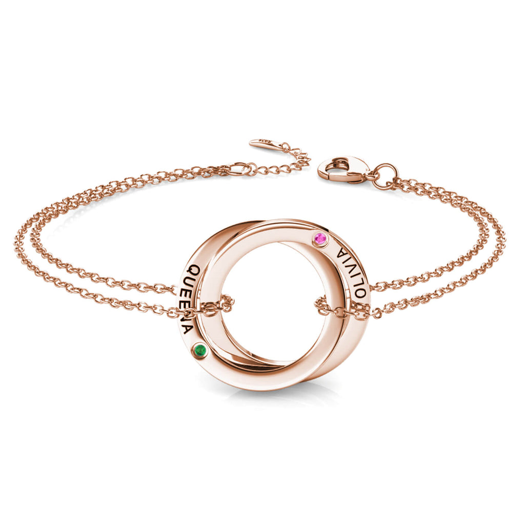 Personalised Engraved Russian 2 Ring Bracelet with 2 Birthstones Rose Gold