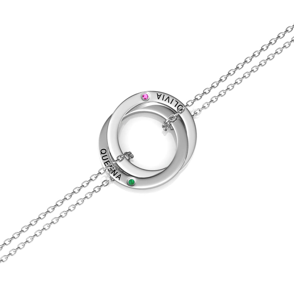 Personalised Engraved Russian 2 Ring Bracelet with 2 Birthstone Sterling Silver