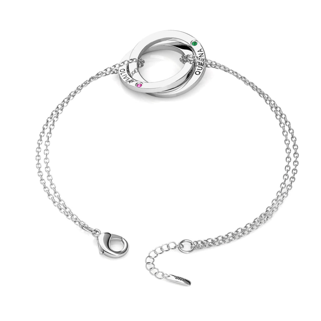 Personalised Engraved Russian 2 Ring Bracelet with 2 Birthstone Sterling Silver