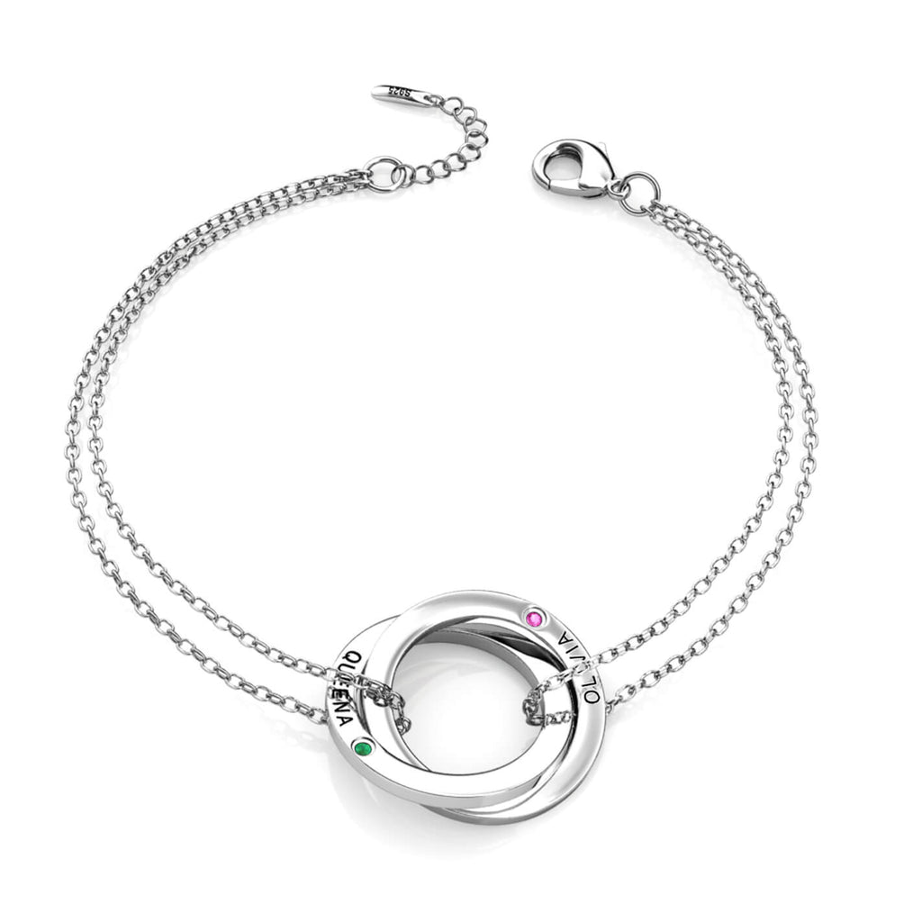 Personalised Engraved Russian 2 Ring Bracelet with 2 Birthstone Sterling Silver