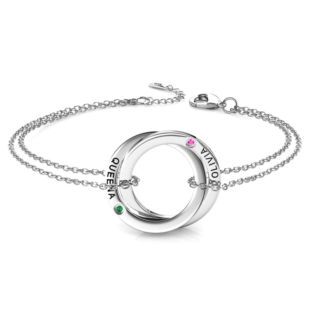 Personalised Engraved Russian 2 Ring Bracelet with 2 Birthstone Sterling Silver