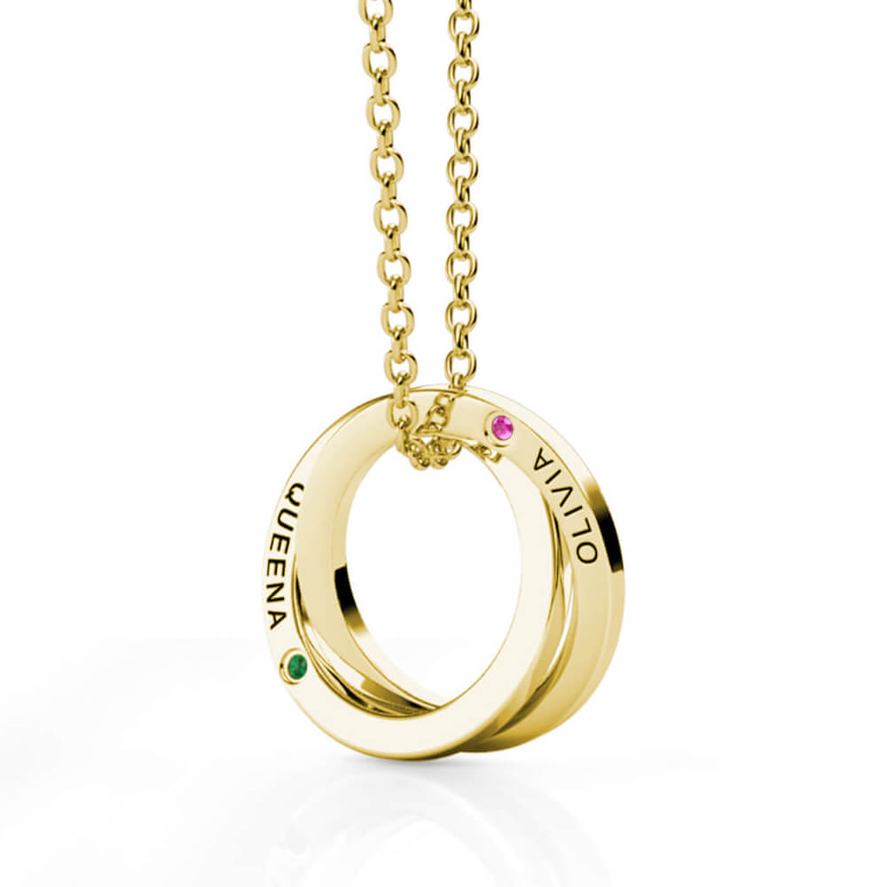 Personalised Russian 2 Ring Necklace with Names and Birthstones Gold