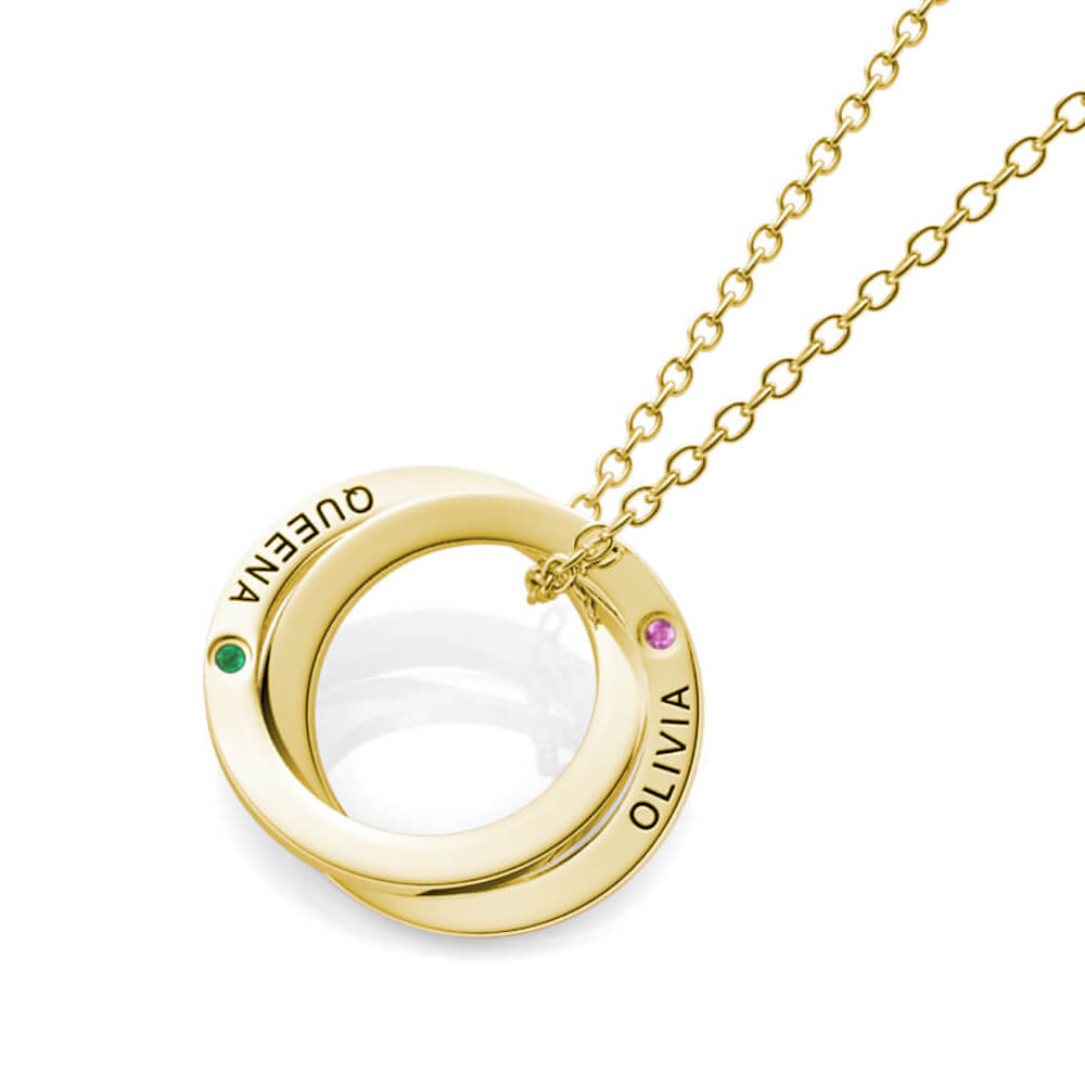 Personalised Russian 2 Ring Necklace with Names and Birthstones Gold