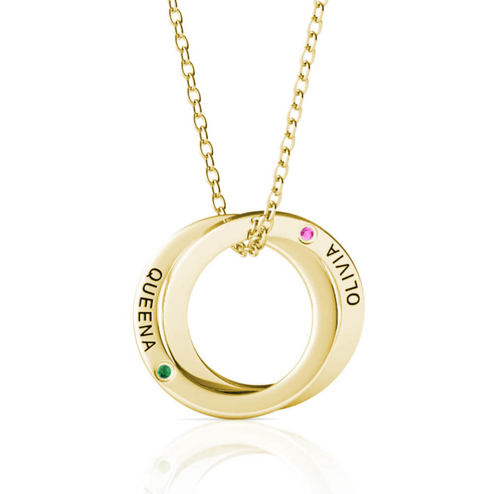 Personalised Russian 2 Ring Necklace with Names and Birthstones Gold