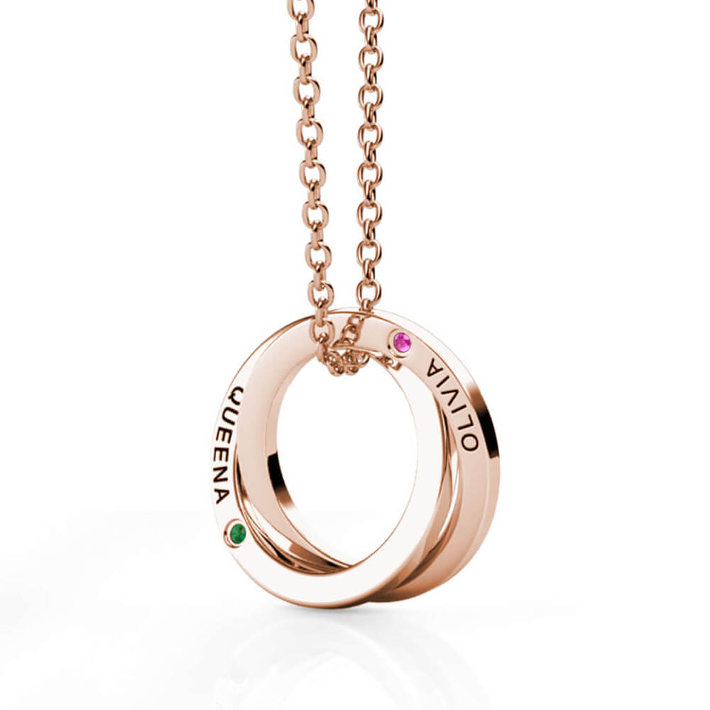 Personalised Russian 2 Ring Necklace with Names and Birthstones Rose Gold