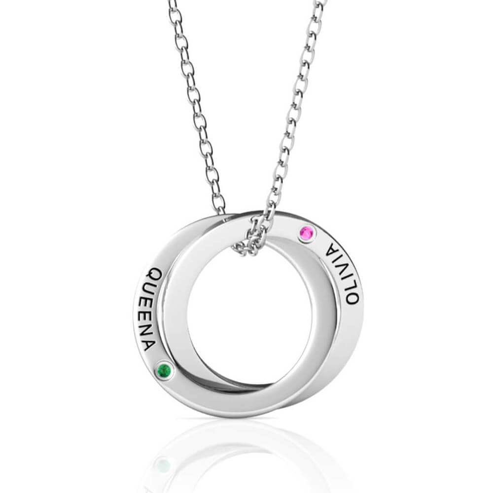 Personalised Russian 2 Ring Necklace with Names and Birthstones