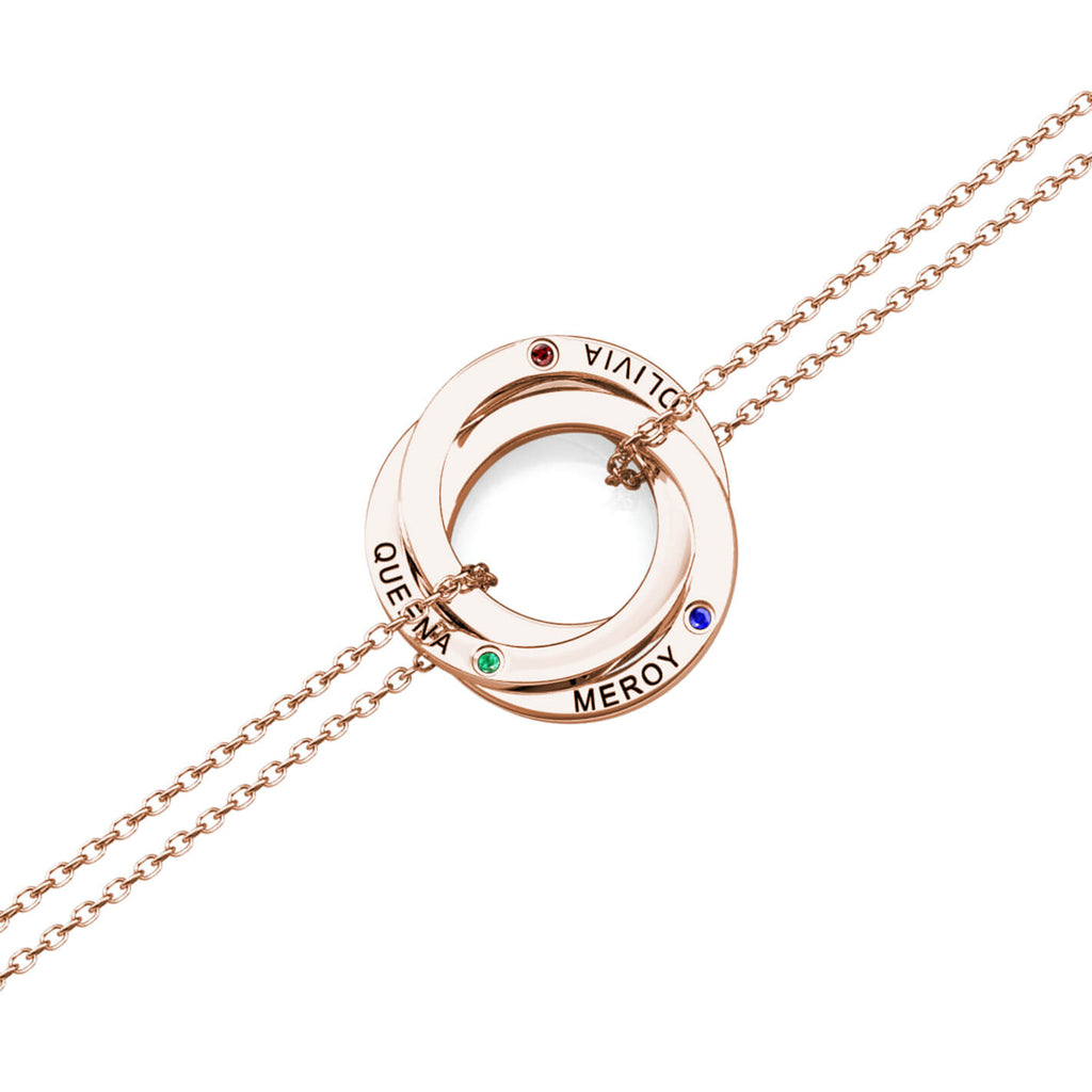 Personalised Engraved Russian 3 Ring Bracelet with 3 Birthstones Rose Gold