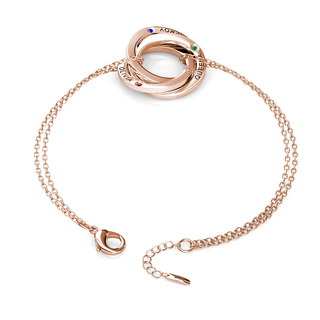 Personalised Engraved Russian 3 Ring Bracelet with 3 Birthstones Rose Gold