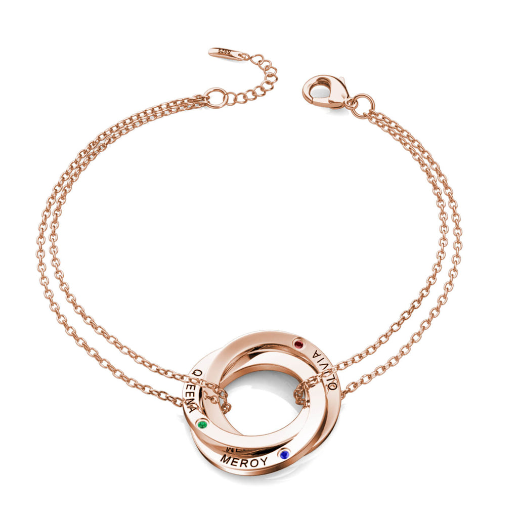 Personalised Engraved Russian 3 Ring Bracelet with 3 Birthstones Rose Gold