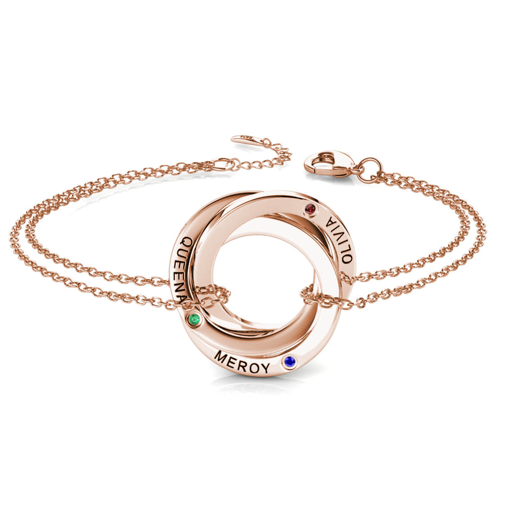 Personalised Engraved Russian 3 Ring Bracelet with 3 Birthstones Rose Gold