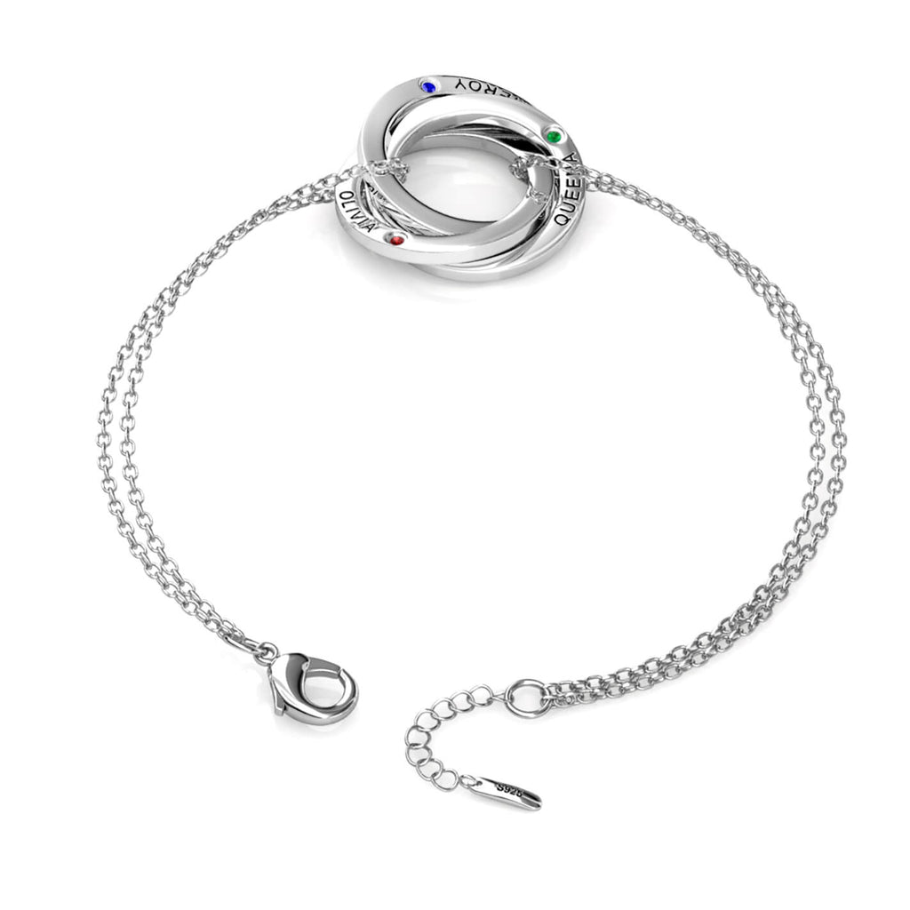 Personalised Engraved Russian 3 Ring Bracelet with 3 Birthstones Sterling Silver
