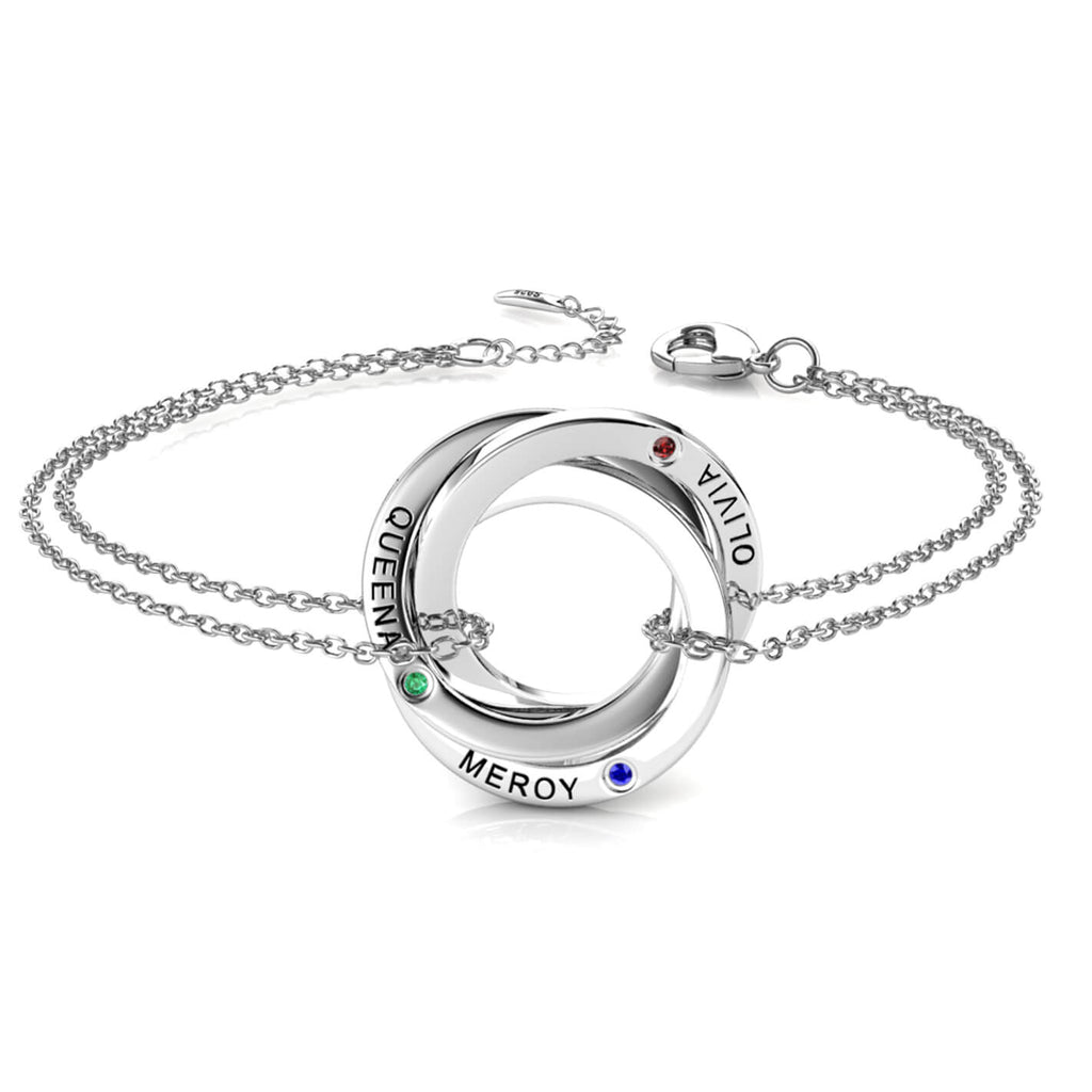 Personalised Engraved Russian 3 Ring Bracelet with 3 Birthstones Sterling Silver