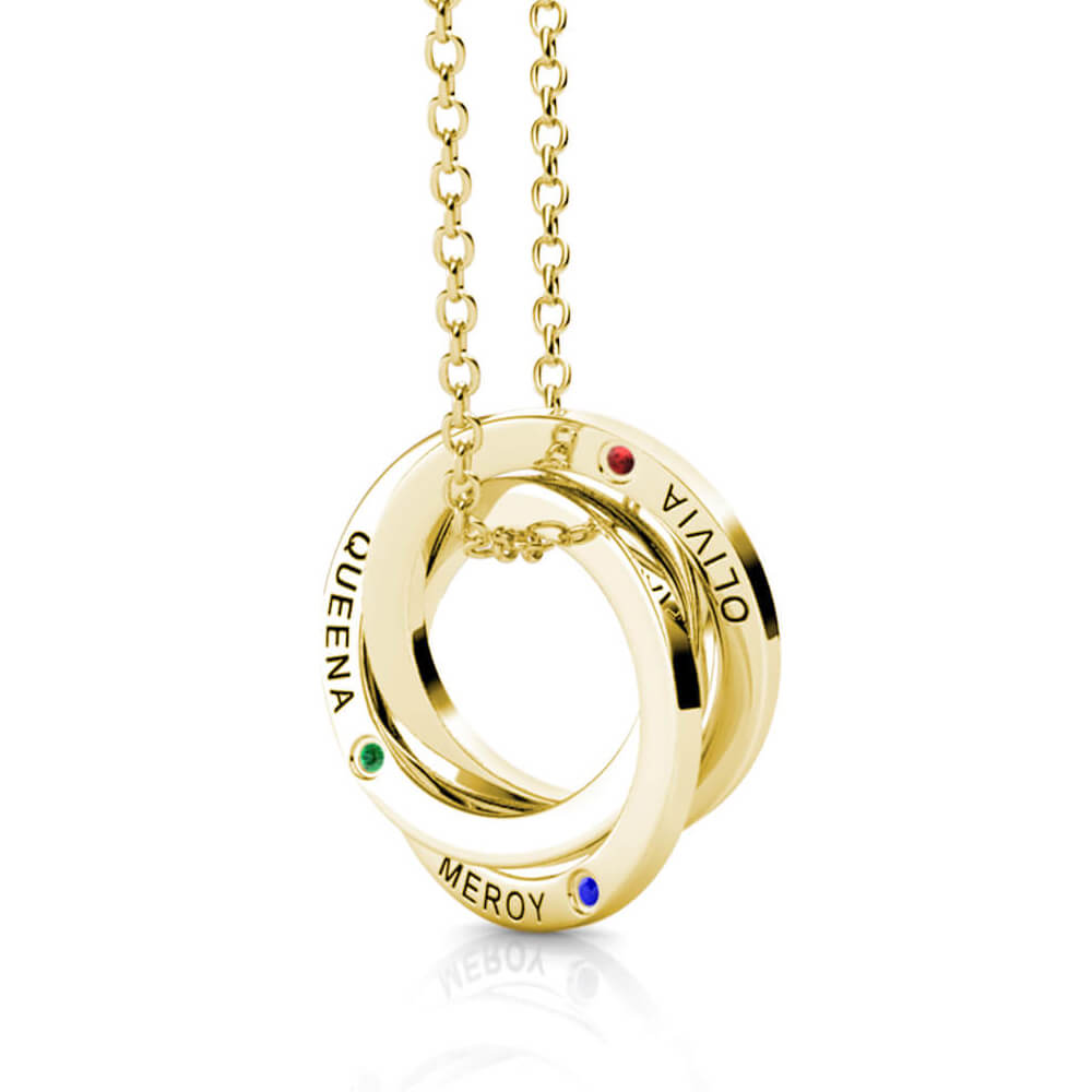 Personalised Russian 3 Ring Necklace with Names and Birthstones Gold