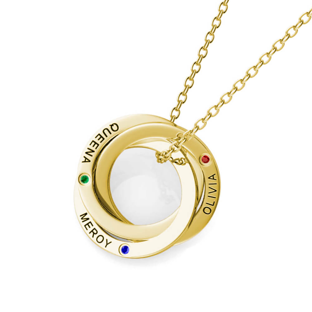 Personalised Russian 3 Ring Necklace with Names and Birthstones Gold