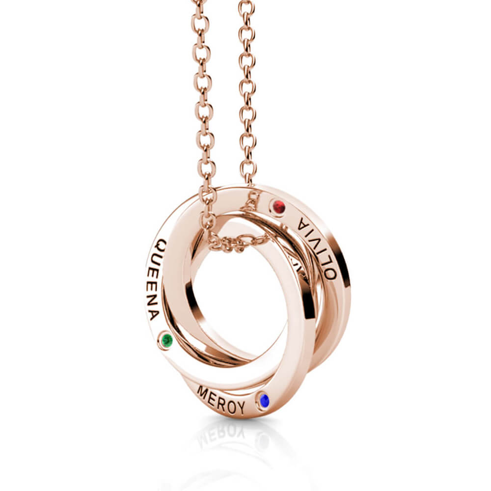 Personalised Russian 3 Ring Necklace with Names and Birthstones Rose Gold