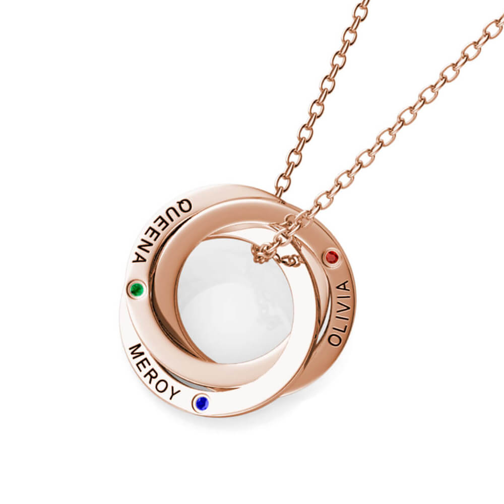 Personalised Russian 3 Ring Necklace with Names and Birthstones Rose Gold