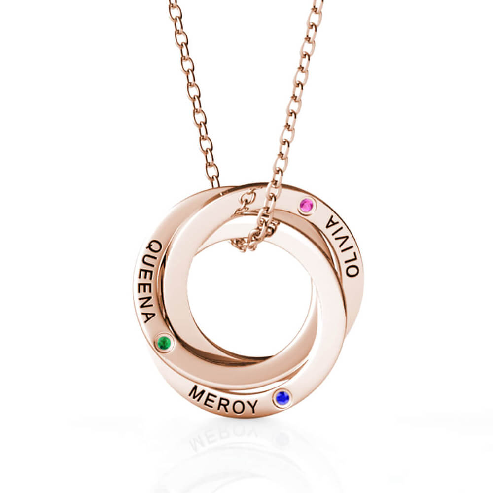 Personalised Russian 3 Ring Necklace with Names and Birthstones Rose Gold