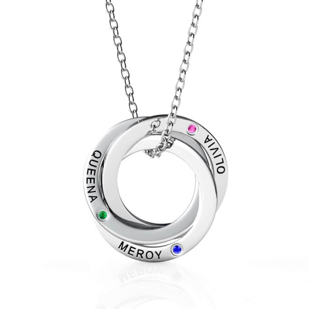 Personalised Russian 3 Ring Necklace with Names and Birthstones