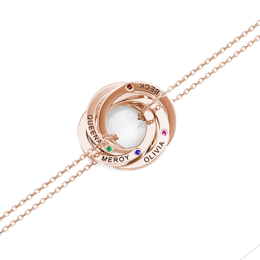 Personalised Engraved Russian 4 Ring Bracelet with 4 Birthstones Rose Gold